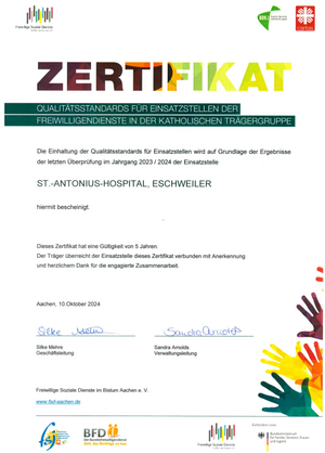 Zertifikat Qualitätsstandards für Einsatzstellen Freiwilligendienste in der Katholischen Trägergruppe des Bistums Aachen - FSJ und BFD im St.-Antonius-Hospital Eschweiler